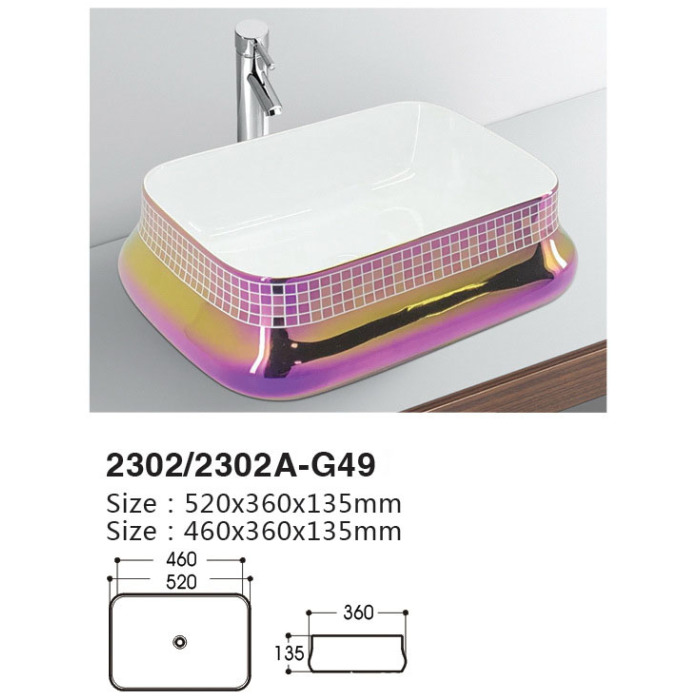 Colorful art basin installed on ceramic table