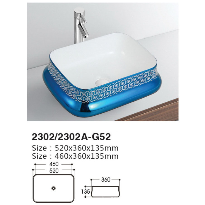 Colorful art basin installed on ceramic table